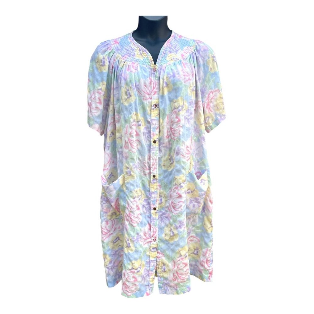Vintage Smart Time Hawaiian House Dress Coat MuuMuu Robe MCM Pastel Flowers